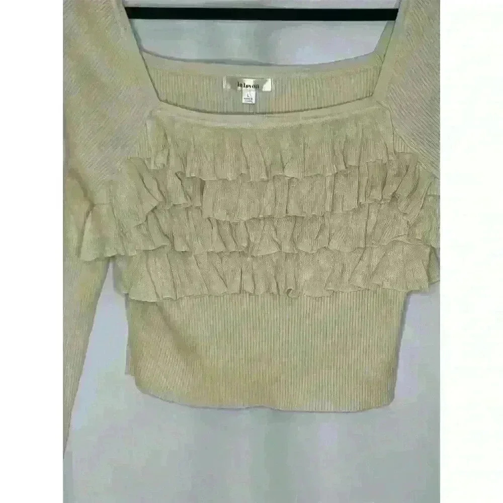 Lalavon Women's Ivory Ruffle Detail Square Neck Sweater Top Size L - Picture 2 of 12